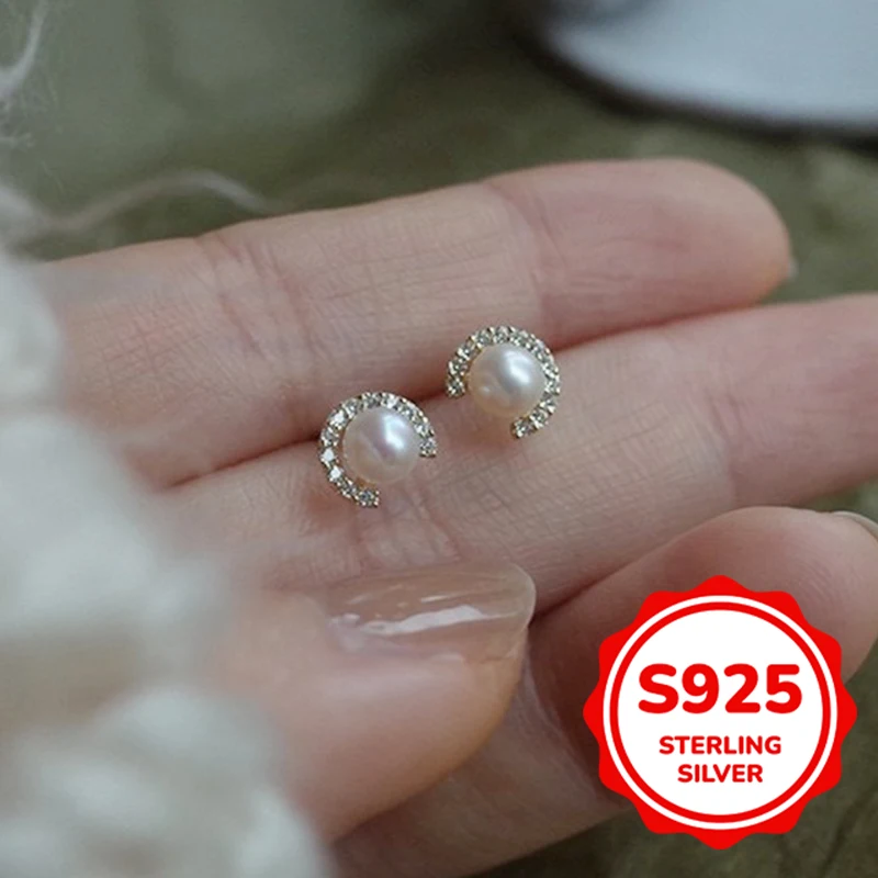 

S925 authentic sterling silver semi-circular imitation pearl earrings for women fashion elegant sweet retro light luxury