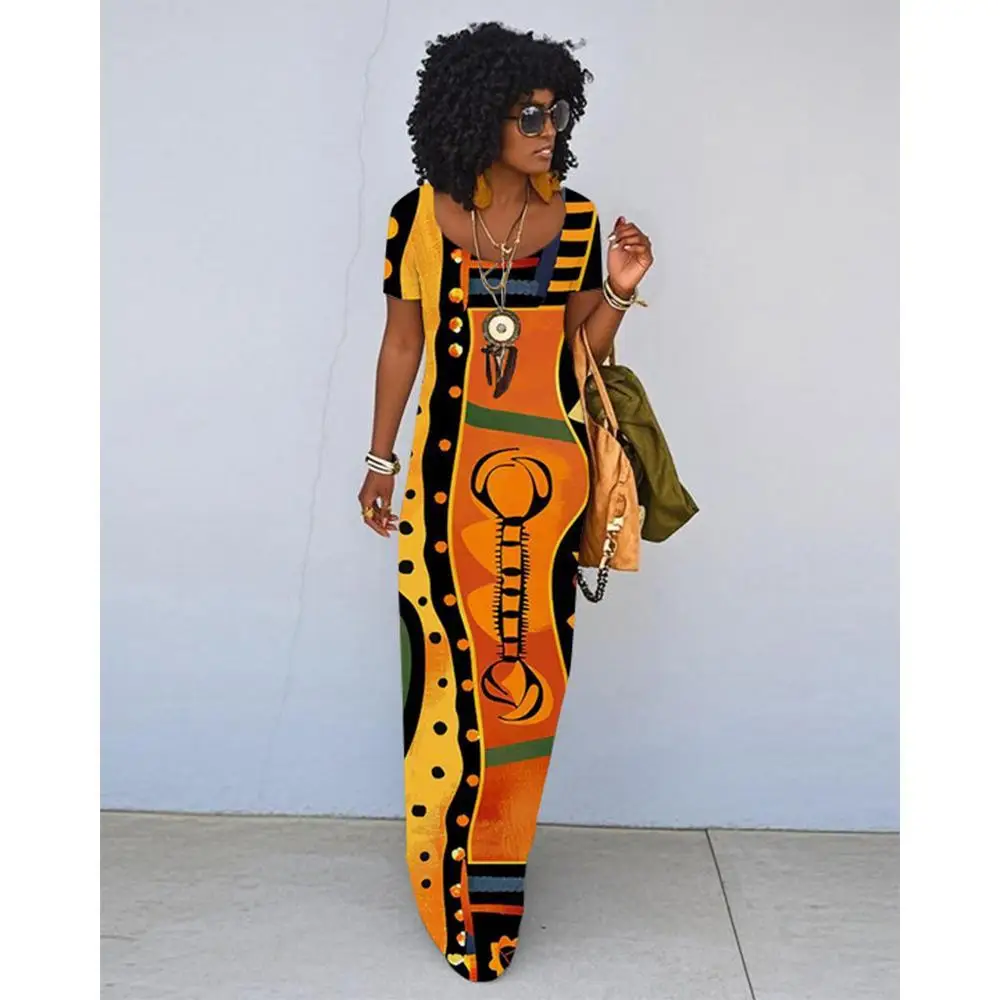 

African Ethnic Print Dress For Women Summer Retro Literary Slim Dress Fashionable Daily Travel Loose Short-sleeved Long Dress