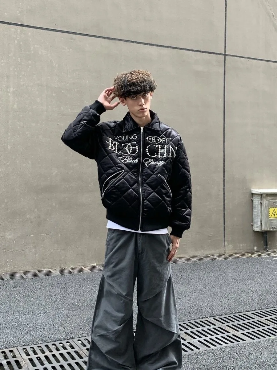 

Thiened Warmth Cotton Jaet for Men Loose Winter Outwear Pearl Embroidery Diamond Pattern Sli Youth Ox Cloth