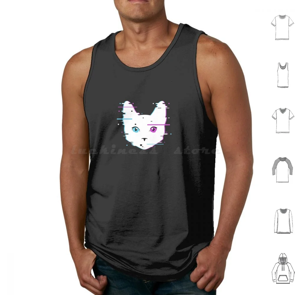 Cyber Cat Tank Tops Print Cotton Glitch Glitched Art Cat Cool Cat Futuristic Vaporwave Synthwave Neon Disturbance