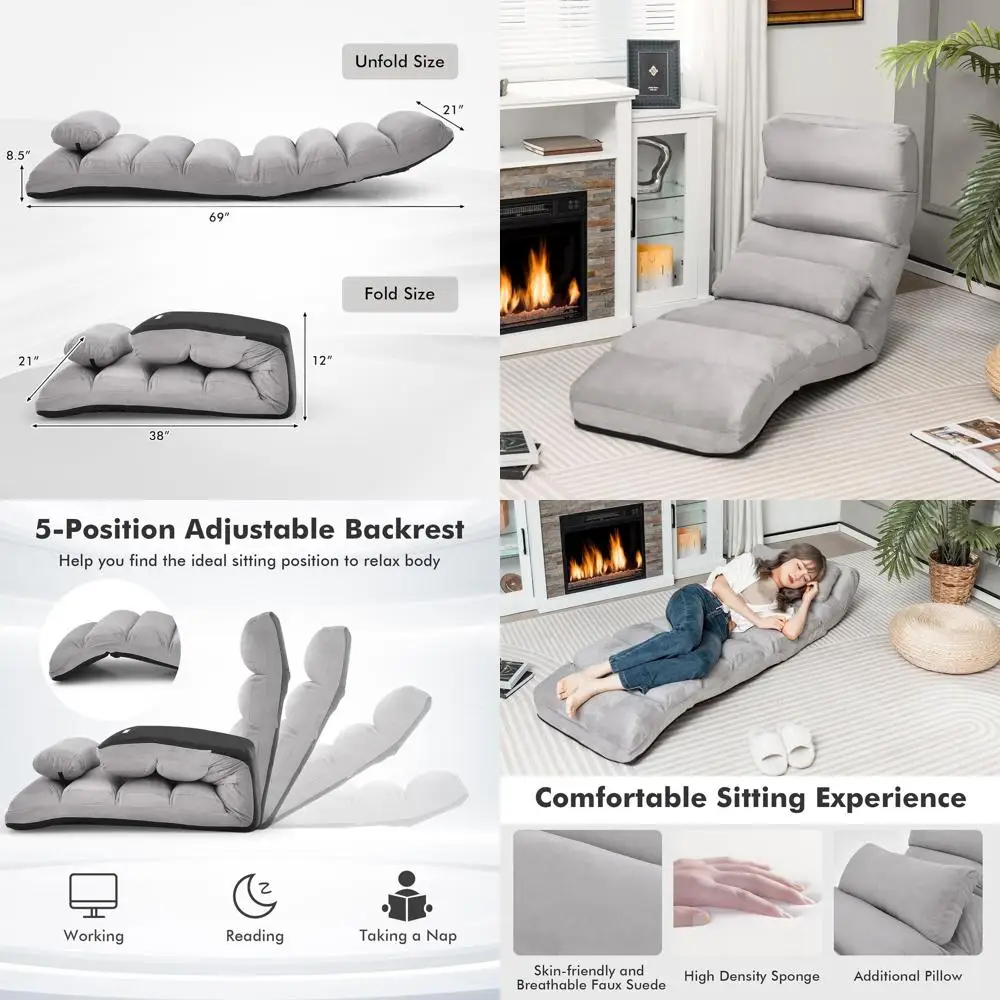 Adjustable 5-Position Padded Lounge Chair for Relaxation, Gaming, and Comfort (Grey)