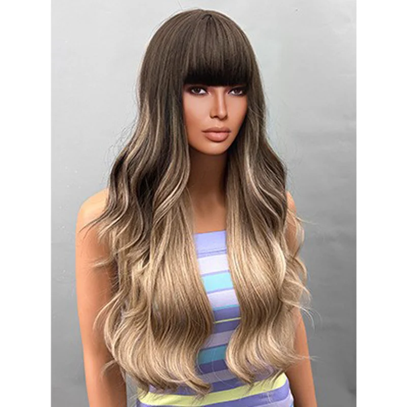 باروكة رأس كاملة للنساء، الجزء الأوسط، شعر ذهبي طويل مجعد، مموج مائي طبيعي مجعد قليلاً، ألياف صناعية مقاومة للحرارة،