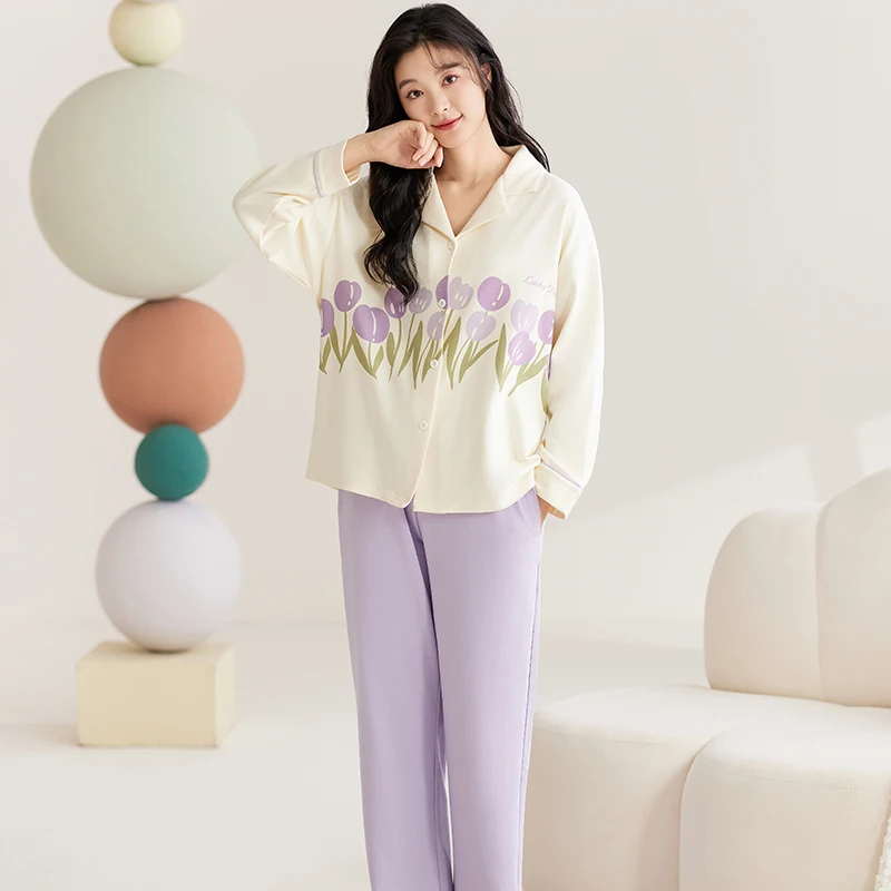 Purple Tulip Pajamas Set Women Sleepwear Cotton Long Sleeves Long Pants Autumn Winter Girl Pyjamas Soft Pijamas Cozy Button Cute