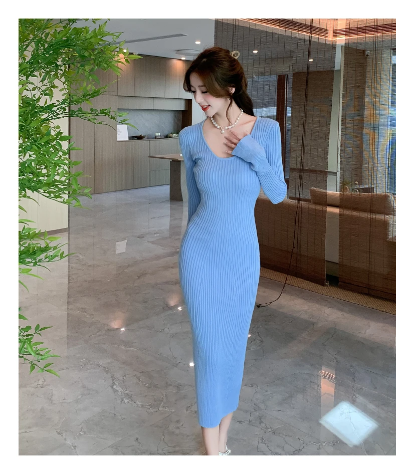 Langes Strickkleid für Damen 2026 Herbst Winter Neuerscheinung Langes Kleid mit Trompetenärmeln und V-Ausschnitt Koreanischer Stil Modisches Damenkleid – Detail 17
