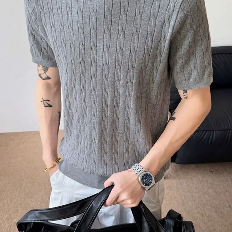 

2026 Summer Men's Knitted T-shirt Crew Neck Casual Simple Solid Color Tees Vertical Striped Daily Commutes Pullover Base Shirt