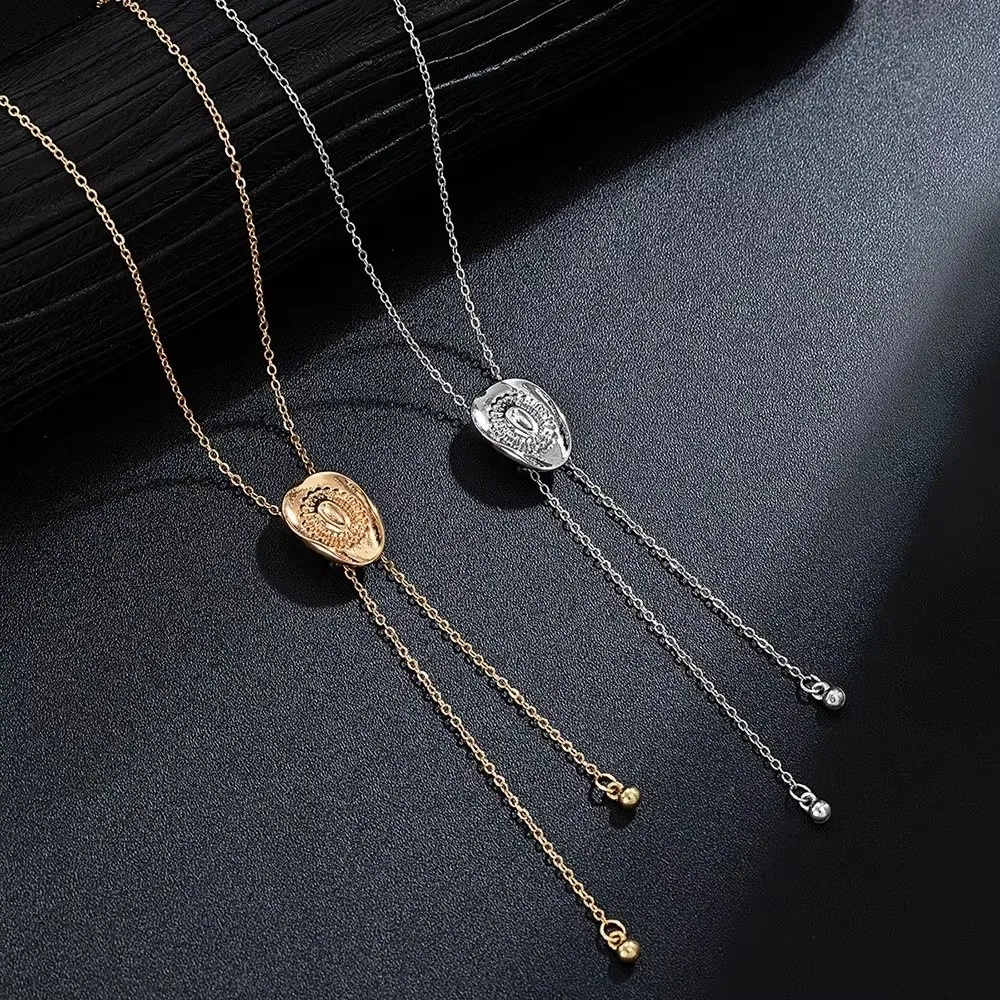 Zinc Alloy Cowboy Hat Necklace Gold Fringed Lariat Sweater Chain Adjustable Pull-out Tassel Drawstring Necklace Fashion