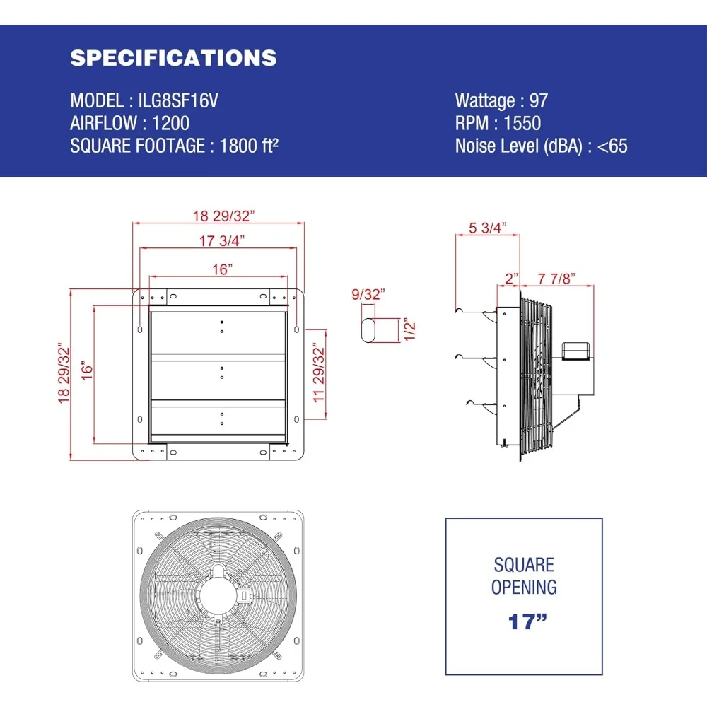 Variable Speed Wall-Mount Silver Exhaust Fan, 16-Inch, Shutter Design, Ideal for Ventilation and Air Circulation