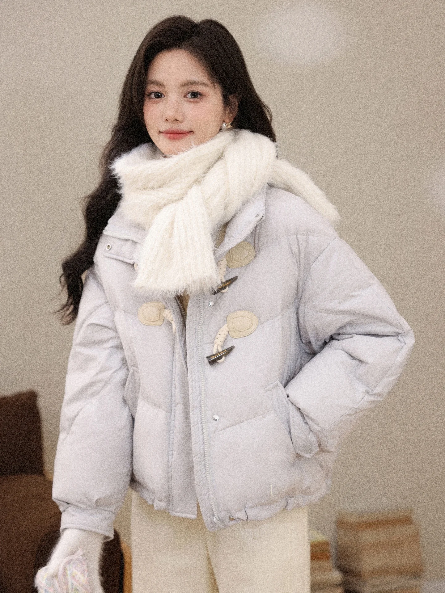

Warm Woolen Coat with Horn Buttons by Lu Xiang Nan Casual Sle ey Blue down Jaet Stand Collar Women's Autumn Winter
