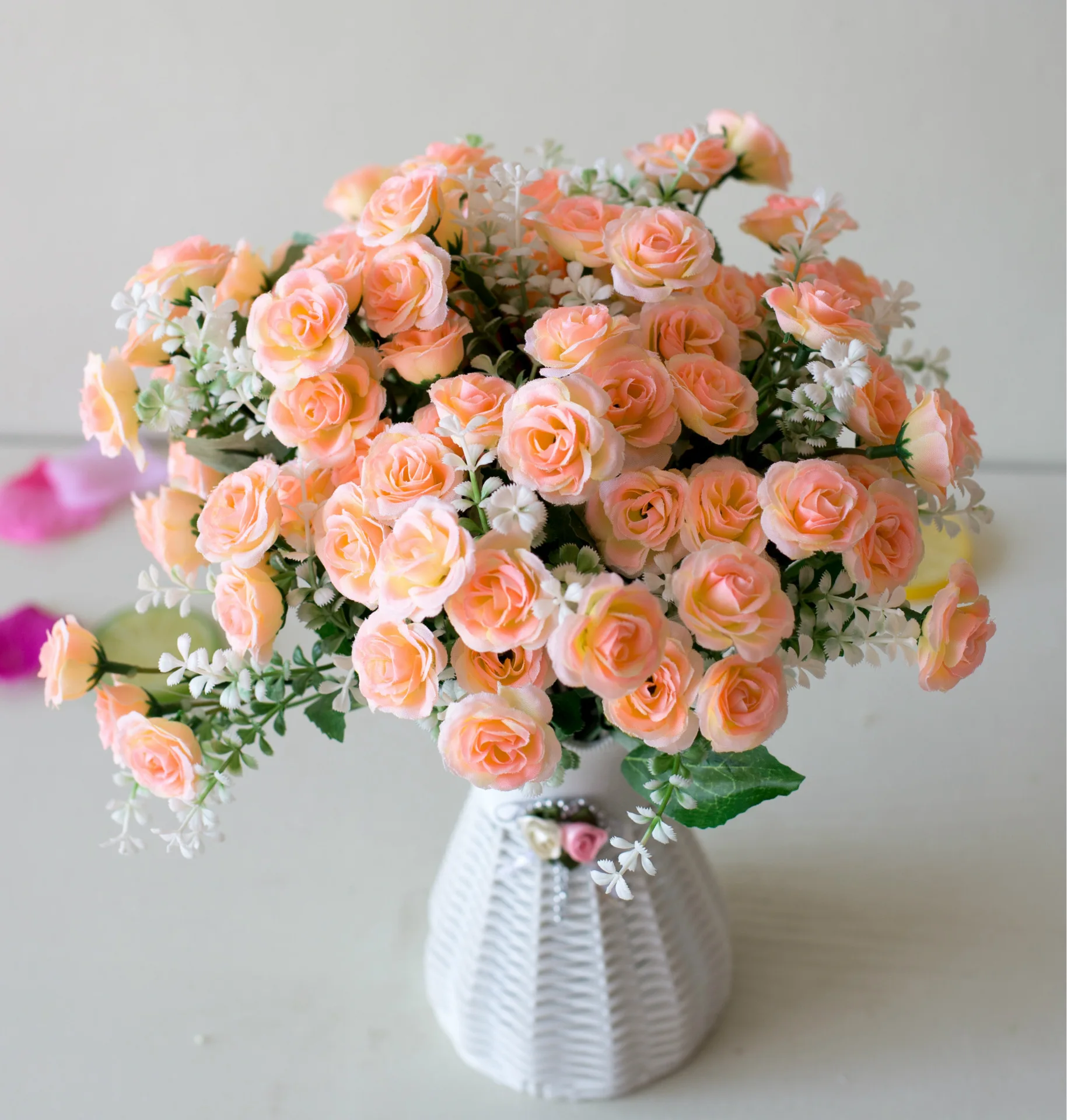 30cm 15Heads Artificial Mini Roses Flower Bouquet Home Living Room Office Desktop Ornament Fake Flowers Wedding Party Decor 5
