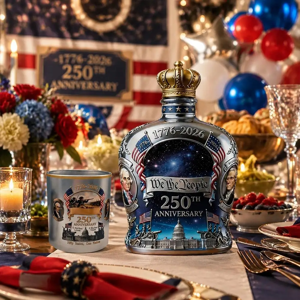 USA 250th Anniversary We The People Whiskey Bottle Vintage American Pattern Liquor Decanter Tumbler Kit Home Bar Table Decor Gif view 4