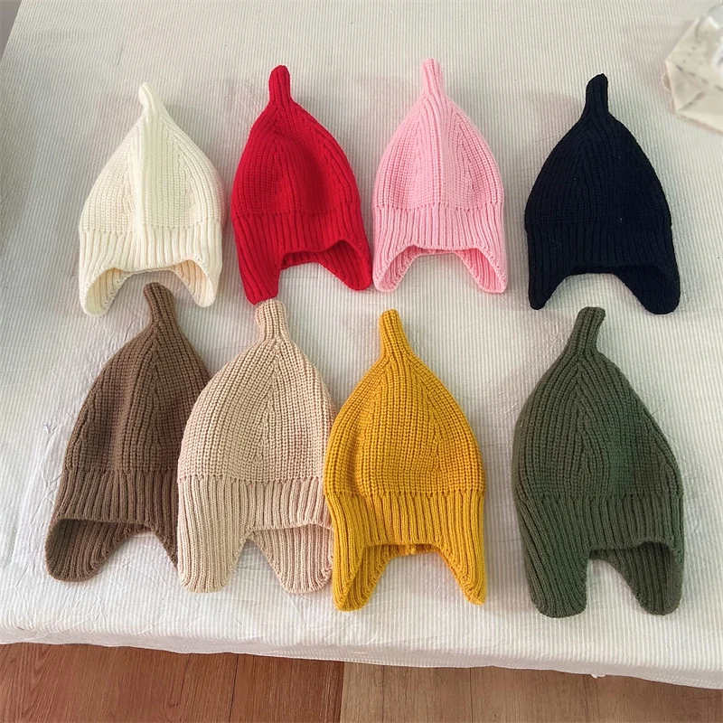 Autumn Winter Ear Protection Baby Hat Warm Knitted Kids Hat Cap Solid Color Infant Boy Girls Beanie Bonnet Infant