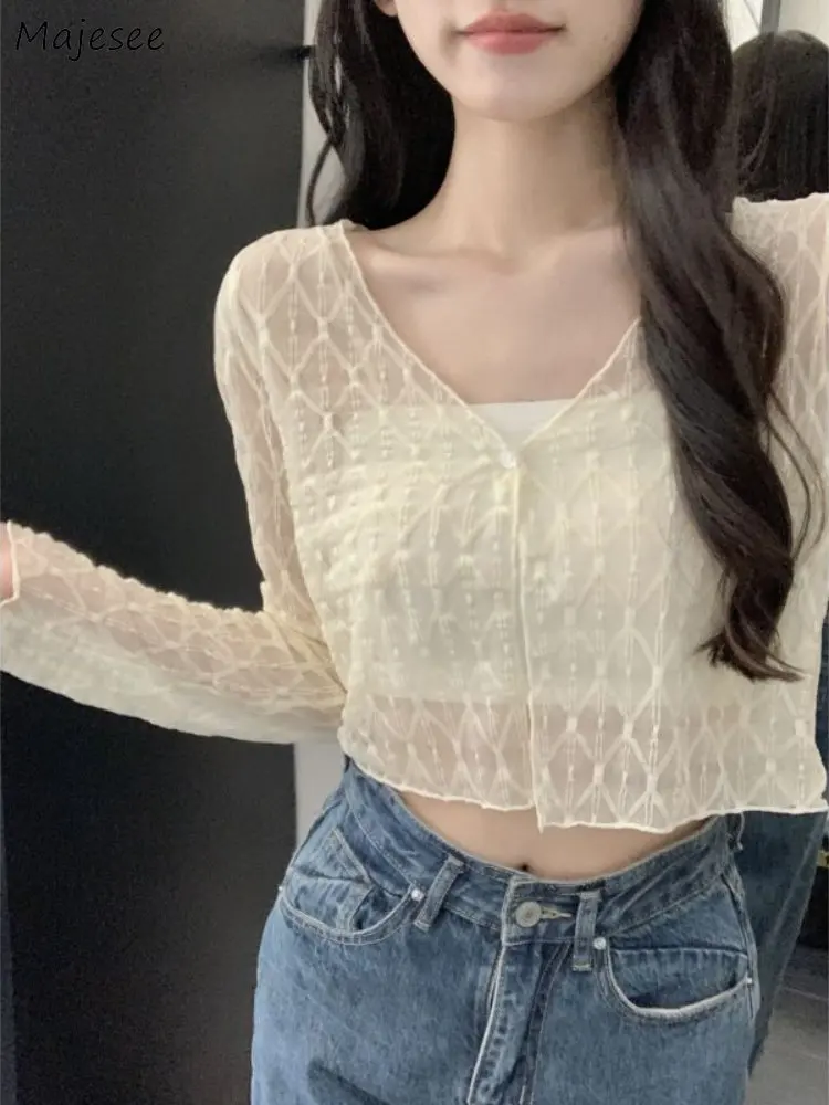 

Sheer Shirts Women Sun-proof Korean Style Crop Tops Office Lady Summer Breathable Thin Temperament Chic Elegant Simple All-match