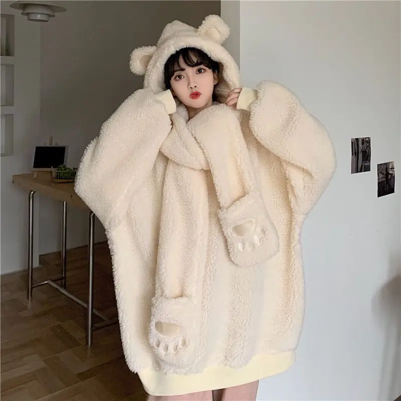 Kawaii Bear Hooded Sweater Women's College Wind Hooded Scarf Cute Bear Gloves One Detachable Lamb Plush Sweater Women Clothes