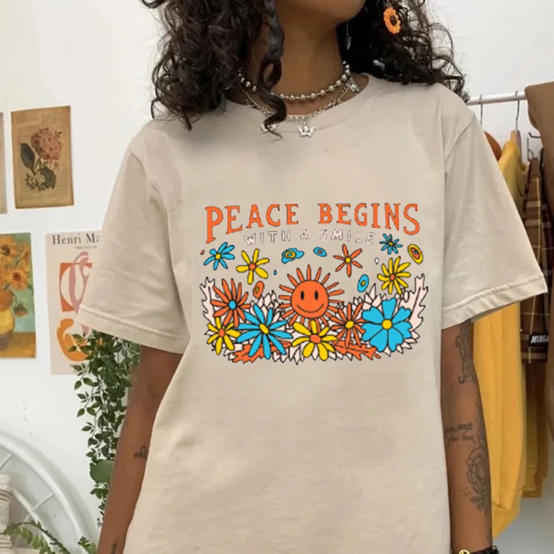 Peace Begins  Summer New Cartoon  T-shirts Harajuku Short Sleeve Loose OCasual Tops Women O Neck All Match Casual Tees