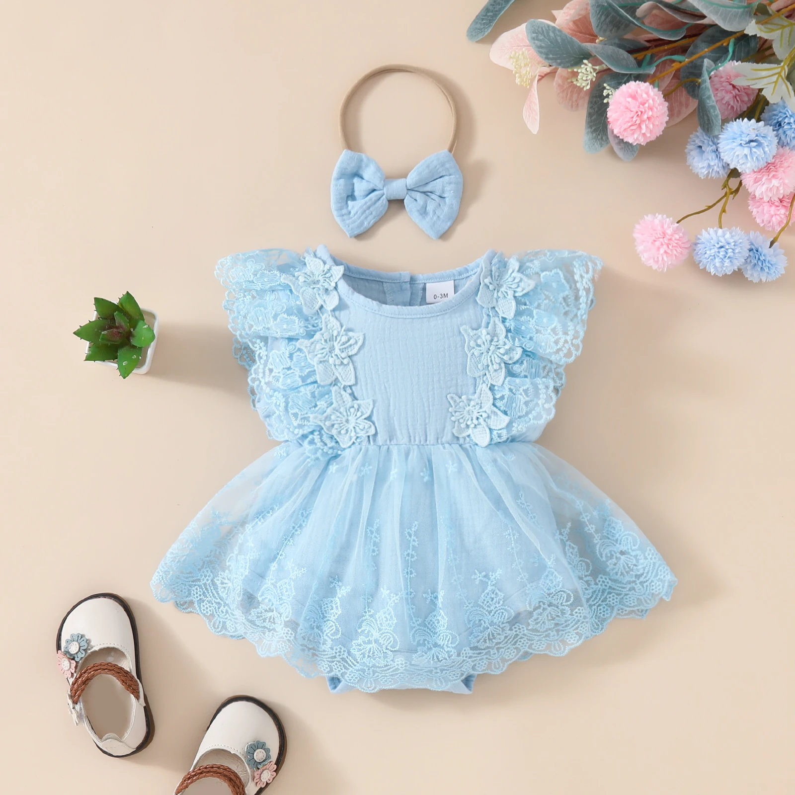 Baby\'s Lace Flower Embroidered Mesh Dress, Solid Color Lovely Sleeveless Dress, Infant & Toddler Girl\'s Clothing For Summer