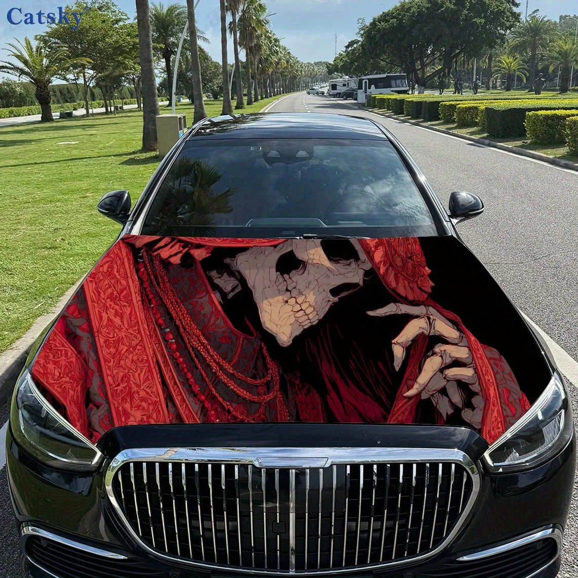 

Eerie Red - Robed Skull Car hood decals, car cover decorative stickers, and vinyl wraps for cars, SUVs and trucks. Self-adhesive