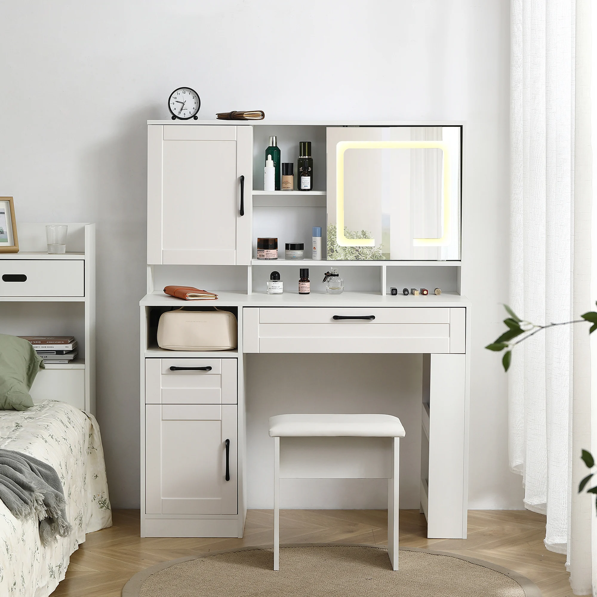 Vanity table with large sliding lighted mirror, dressing table with 2 drawers, storage shelves and upholstered stool, white