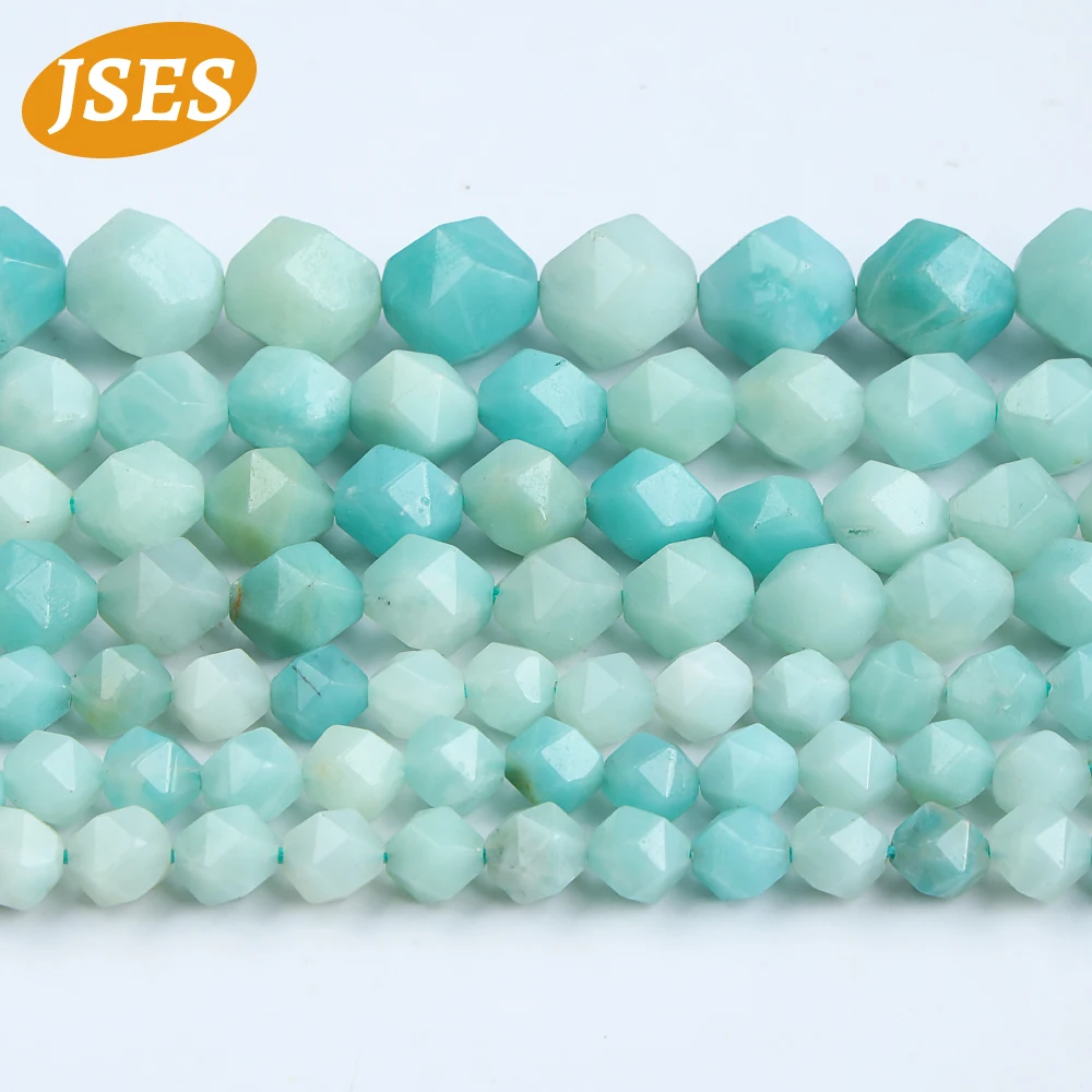 A++ Natural Blue Amazonite Star Faceted Cut Round Loose Beads for Jewelry Making Necklace Bracelet DIY Handmade Accessories