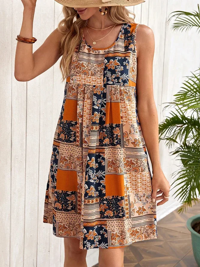 

Women's Vintage Patchwork Floral Print Midi Dress Sleeveless Crew Neck Loose Flowy For Summer Beach Vacation Casual Wear
