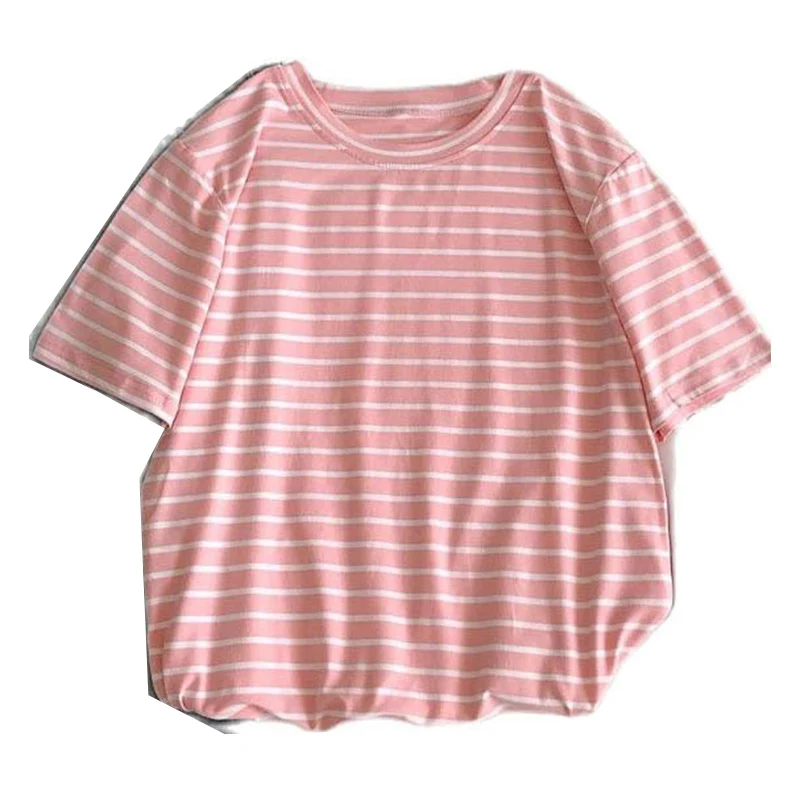 Harajuku Short Sleeve Korean O-Neck Casual Fashion Shirt Camiseta Feminina Tops T Shirt Women Solid Color Striped Punk T-shirt