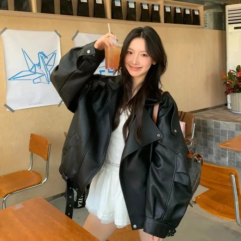 Retro European Style Women's Leather Jacket Motorcycle Clothes Early Autumn New Design PU Coat Top Female Fashion Sense