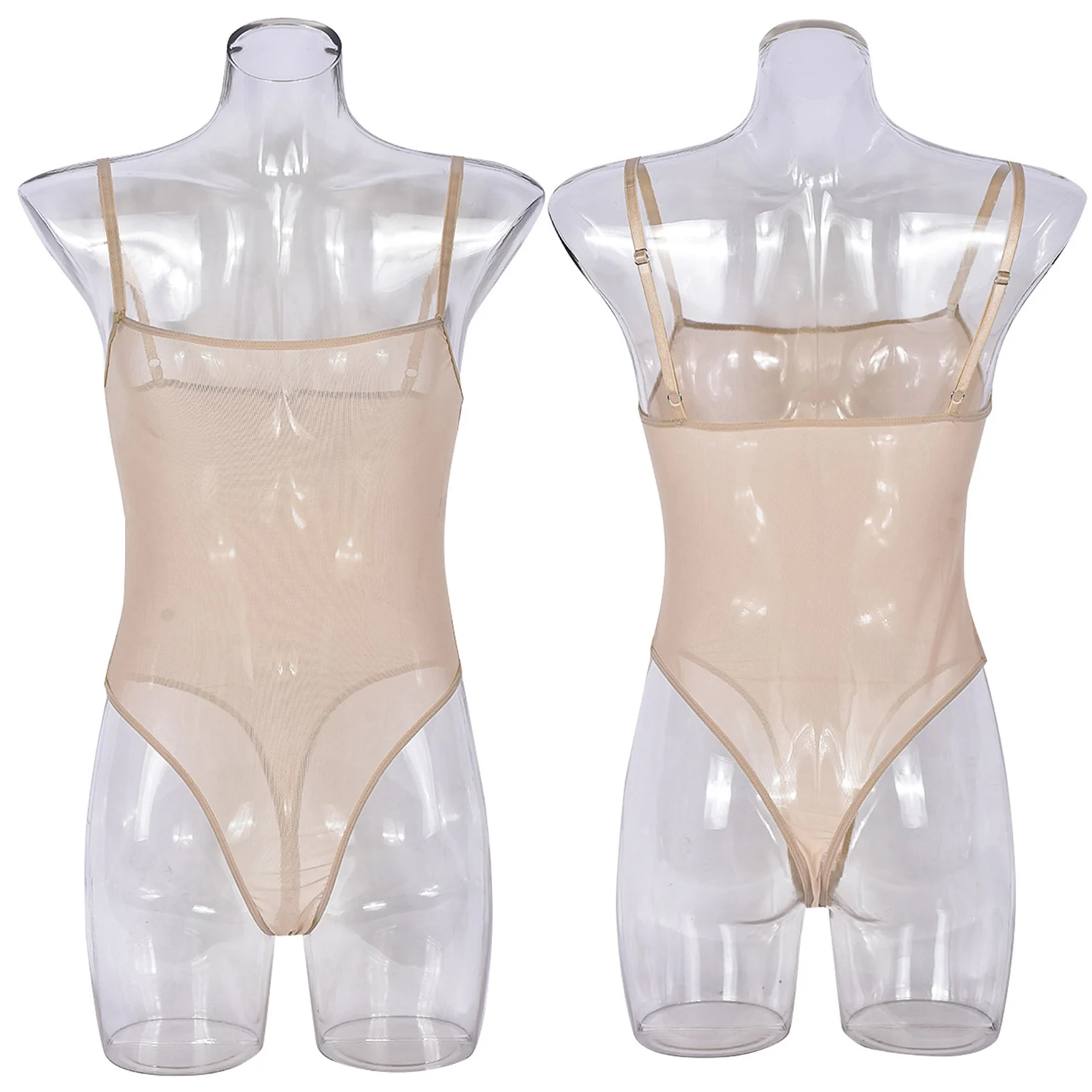 Women See-Through Mesh Monokini One-Piece Swimsuit Bodysuit Pool Party Swimwear Sheer Adjustable Strap Backless High Cut Leotard