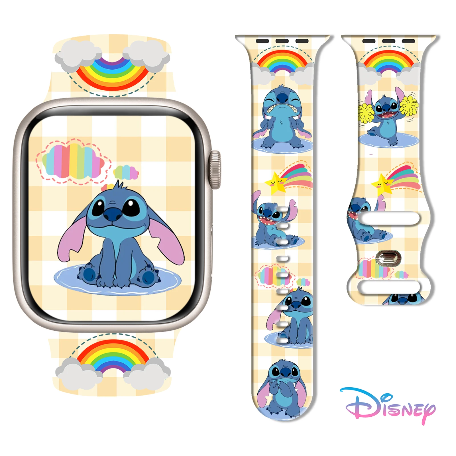

Disney Happy Stitch Pattern Strap for Apple Watch 11/10/9/8/7/SE, Soft Waterproof Silicone Replacement Band 46mm/45mm/44mm/42mm