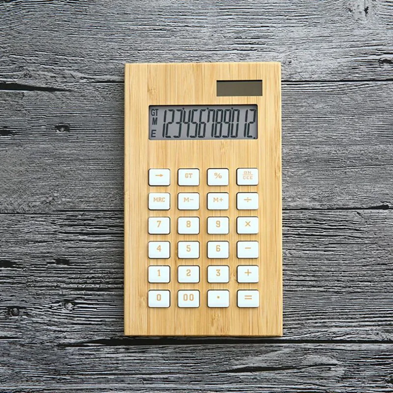 Bamboo Office Calculator 12 Digit LCD Display School Special Gift Calculate Commercial Tool Battery Solar Powered