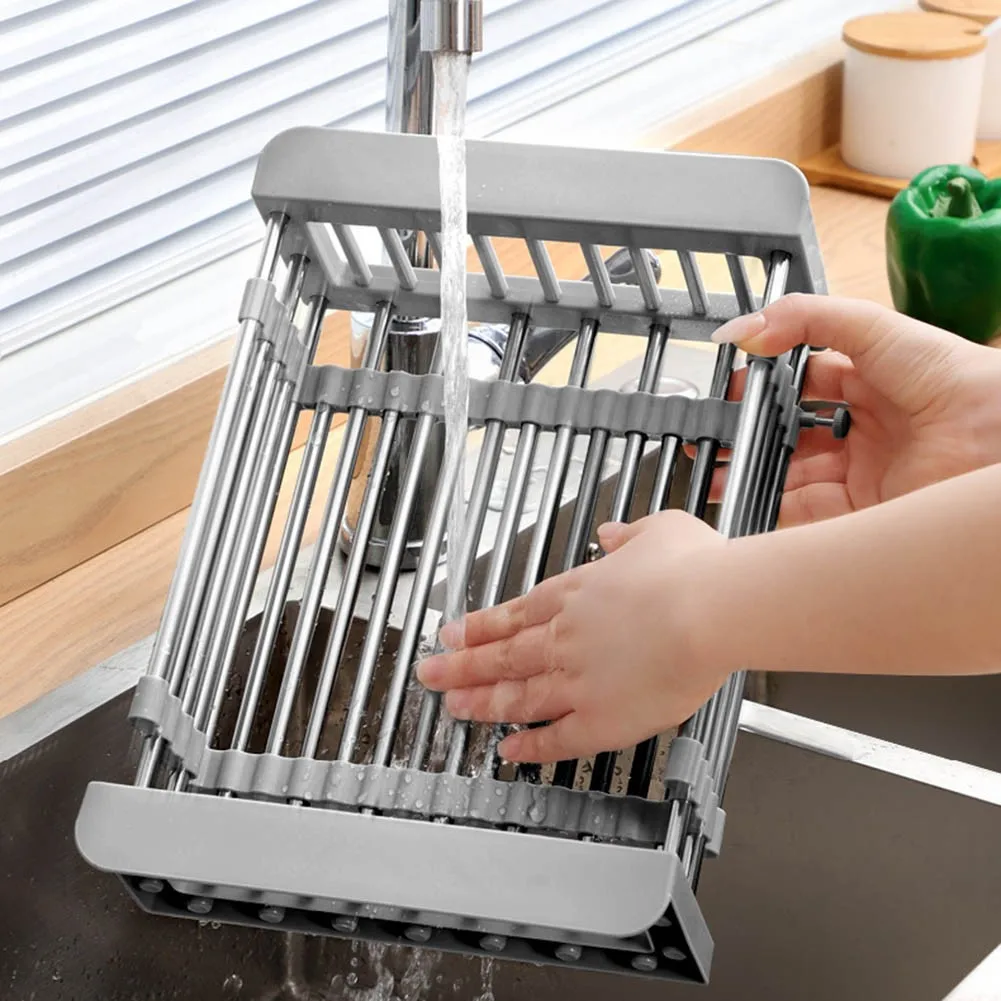 Retractable Stainless Steel Kitchen Sink Shelf Dish Rack Adjustable Sink Rack Kitchen Dish Holder Fruits Vegetable Drainer Tool