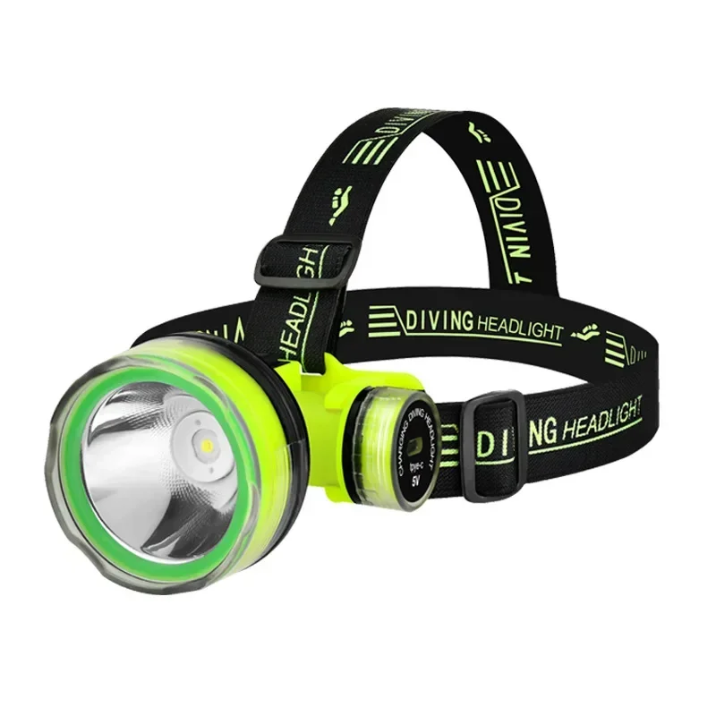 Portable Rechargeable Diving Headlight 2 Modes Super Bright Diving Head Lamp Flashlight Torch for Swimming Camping Hiking