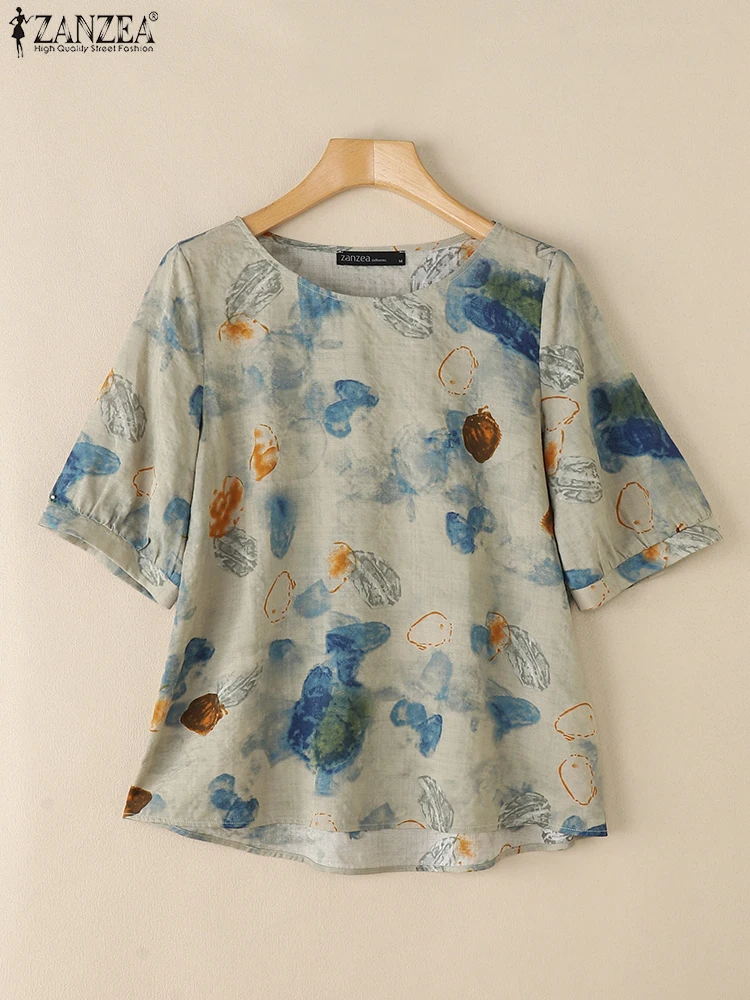 ZANZEA Bohemian ดอกไม้พิมพ์เสื้อ 2025 ผู้หญิงวินเทจเสื้อฤดูร้อนสไตล์วันหยุดเสื้อลําลอง O-คอแขนสั้น Blusas