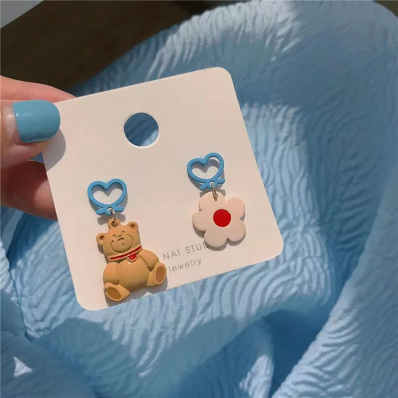 New Trend Cute Animal Dangle Earrings For Women Bowknot Flowers Cat Bear Asymmetrical Earring Girls Party Jewelry Gifts