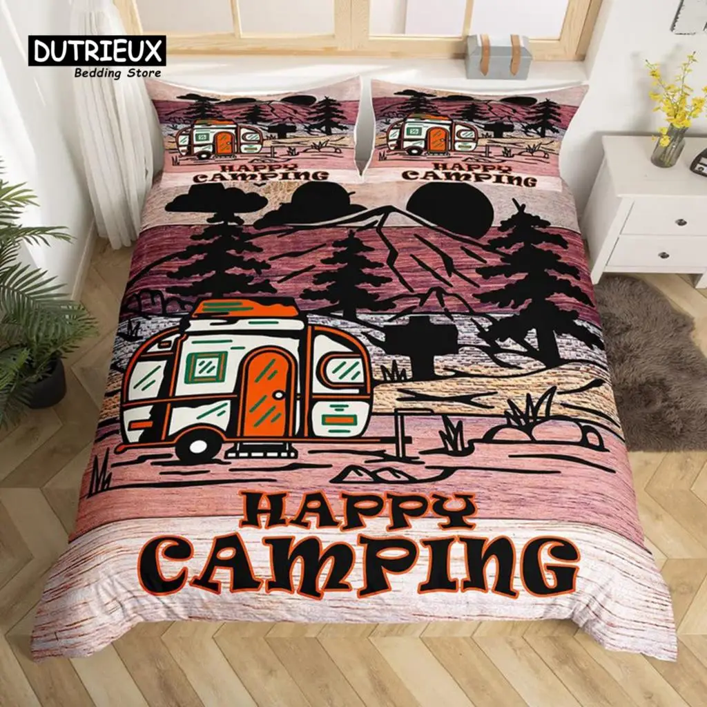 Happy Camping Bedding Set Camper Car Duvet Cover King Queen Microfiber Smoky Mountain Wood Print Quilt Cover Set For Girls Boys