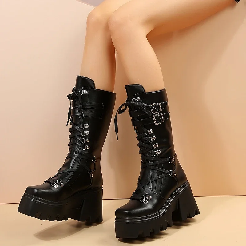 2024 New Punk Motorcycle Boots Women Patent Leather Wedges Platform Mid Calf Boots Woman Lace-Up Chunky Heel Gothic Botas Mujer