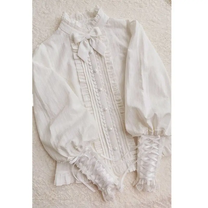 

NIGGEEY Lolita Westernized Spring Girl Shirt with Ruffled Lace Straps Long Sleeved Jacquard Blouse Women Japanese Style 2024