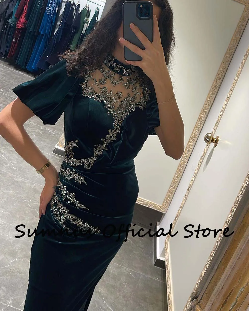 Sumnus veludo verde sereia saudita árabe vestidos de noite lantejoulas contas alta pescoço elegante muçulmano vestidos de festa casamento personalizado