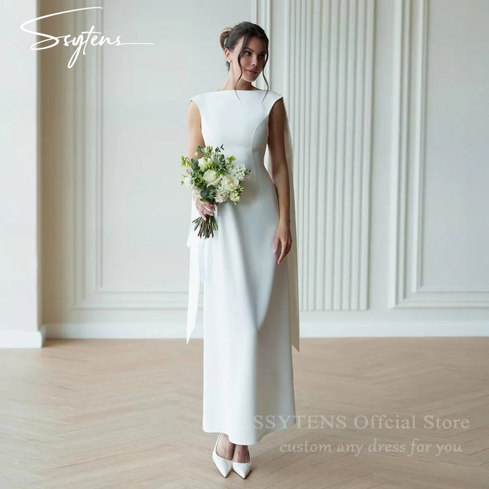 

SSYTENS Simple Ivory Wedding Dresses Backless Ankle Length Straight Satin Wedding Party Dresses Customized Saudi Bride Dresses