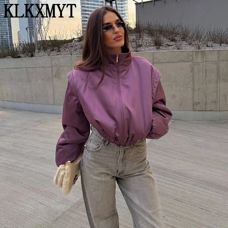 KLKXMYT Fashion Satin Cropped Bomber Jackets For Women 2026 Spring Casual Stand Collar Puff Sleeve Zipper Lady Streetwear Coat