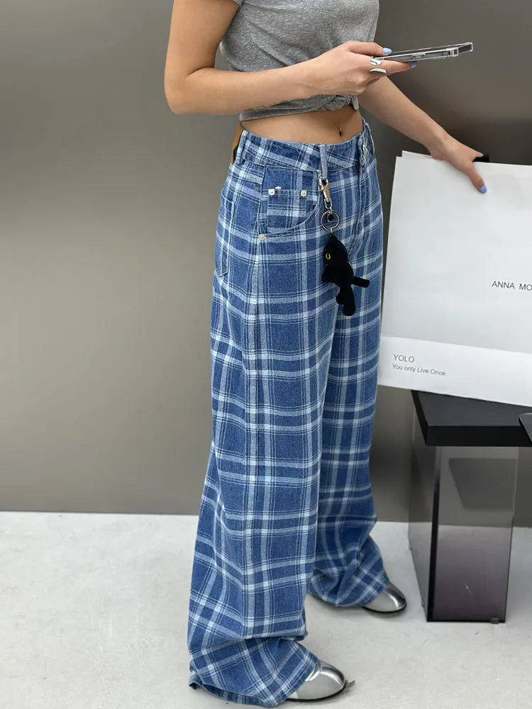 

BodhlCat Retro Blue Plaid Wide Leg Long Pants High Waist Fashionable Denim Pants Casual Style Spring Autumn Collection