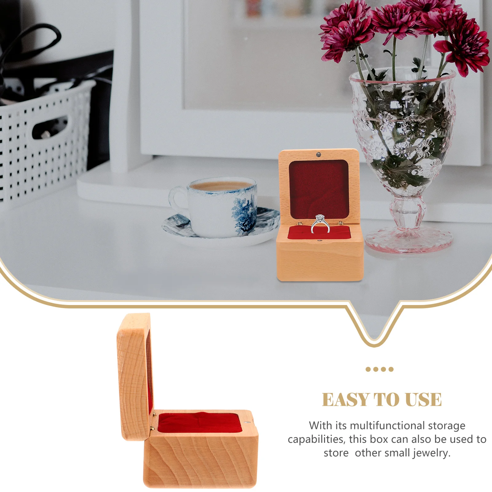 

Wooden Case Khaki Color Square Engagement Ring Box Hinged Bride Ring Case Lid Wedding Ceremony Jewelry Storage ganizer