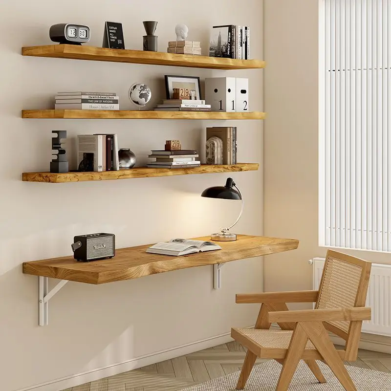 Solid Wood Folding Wall Desk -Space-Saving Foldable Table for Study/Home Office Vertical Mounted Workstation with Storage Shelf‌