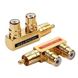 2/4/8/16PCS Gold Plated RCA Male To RCA Female Tee Type 3Way Monster Lotus AV Audio and Video Converter Adapter Gold Plated