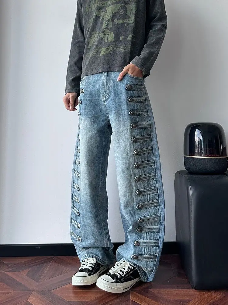 Men's Buckle Decoration Retro Jeans Casual Pants 90s Street Boys Bottom Wide Legs Sweatpants Male High Waist Unisex Trousers