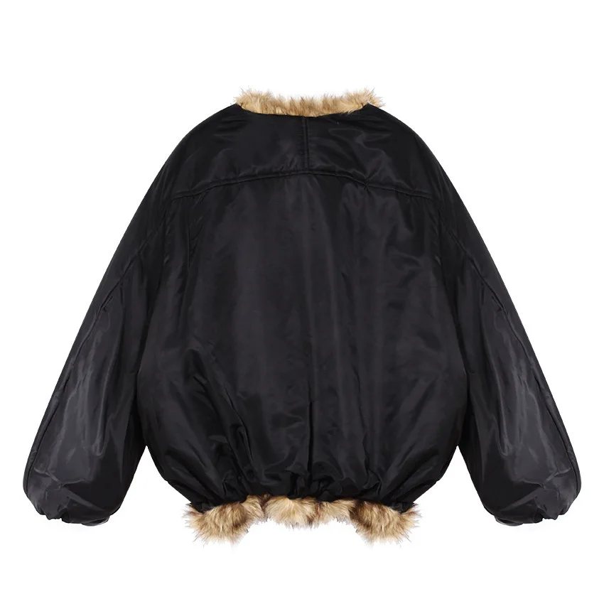 24 Winter American Hot Girl Fashionable Loose Silhouette Thickened Warm Versatile Black Cotton Jacket Eco Friendly Fur Coat