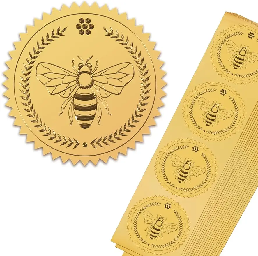 

Gold Foil Certificate Seals 50mm Gold Bee Stickers for Envelopes 100pcs Self Adhesive Embossed Stickers for Invitations