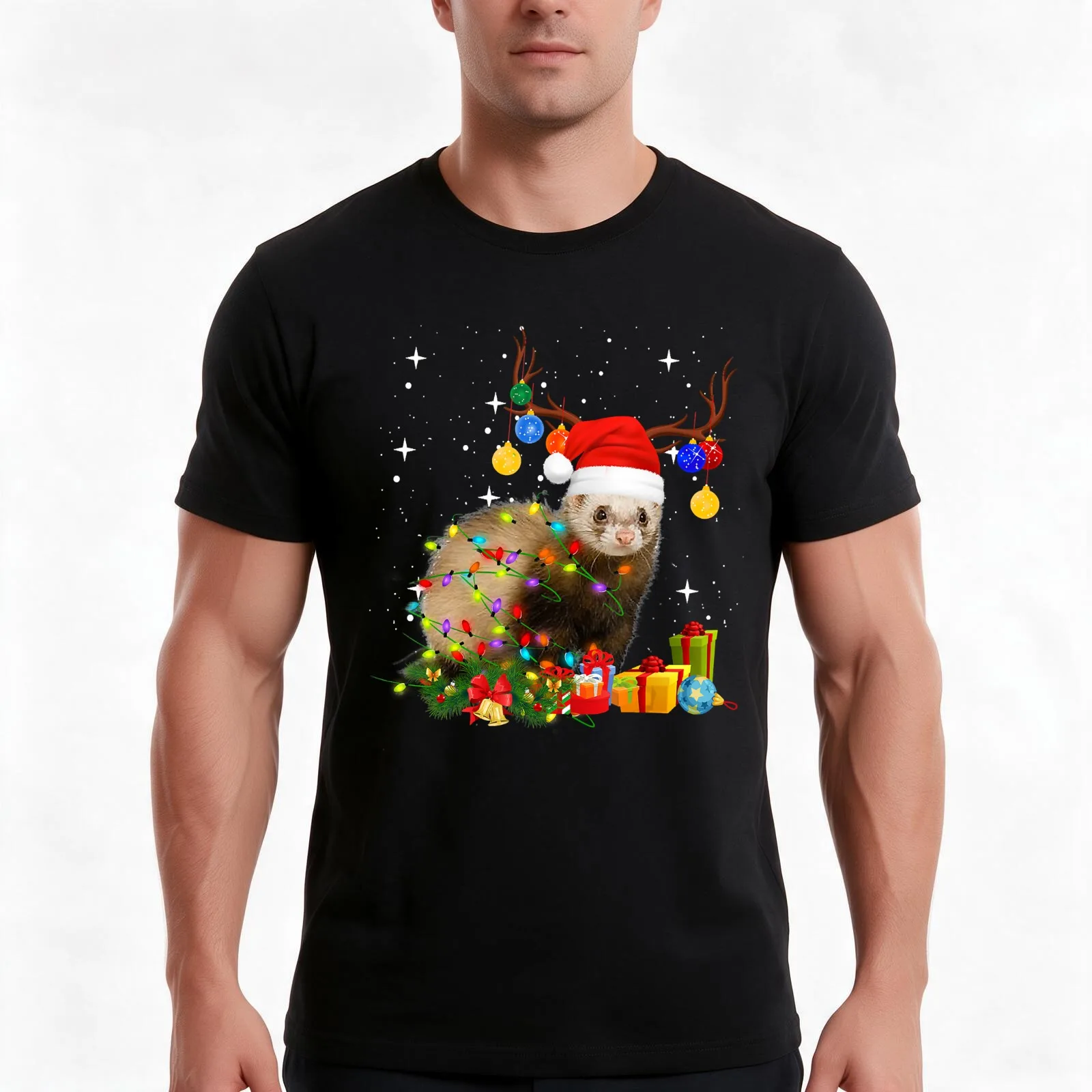 Ferret Reindeer Christmas Light shirt T-Shirt, Summer Casual Cotton Tee, Oversized Streetwear Tops, Vintage Graphic Print
