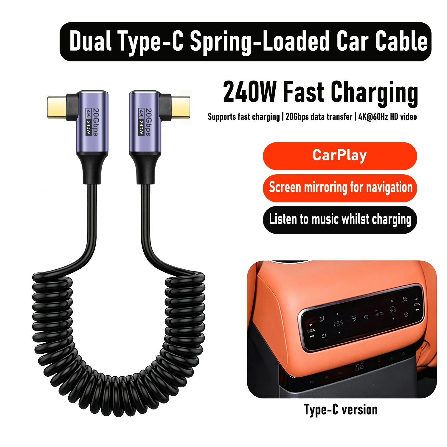 240W USB C Fast Charging Cable,Coiled Retractable Car Charger Cord,20Gbps Right Angle Type C Data Wire for iPhone 16 15/Samsung