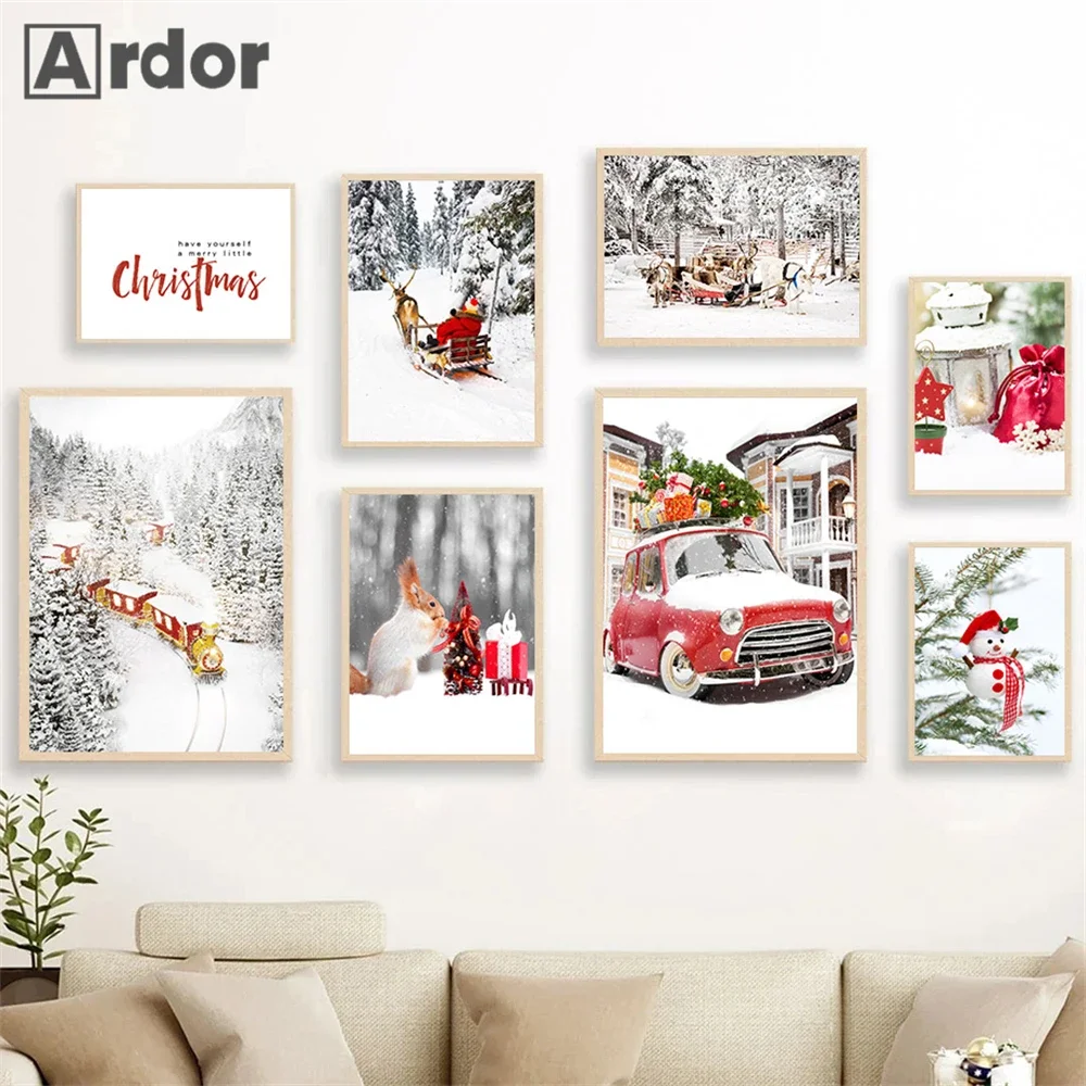 

Winter Snow Tree Landscape Posters Christmas Gifts Canvas Painting Red Car Wall Art Print Picture Nordic Poster Home Decoration