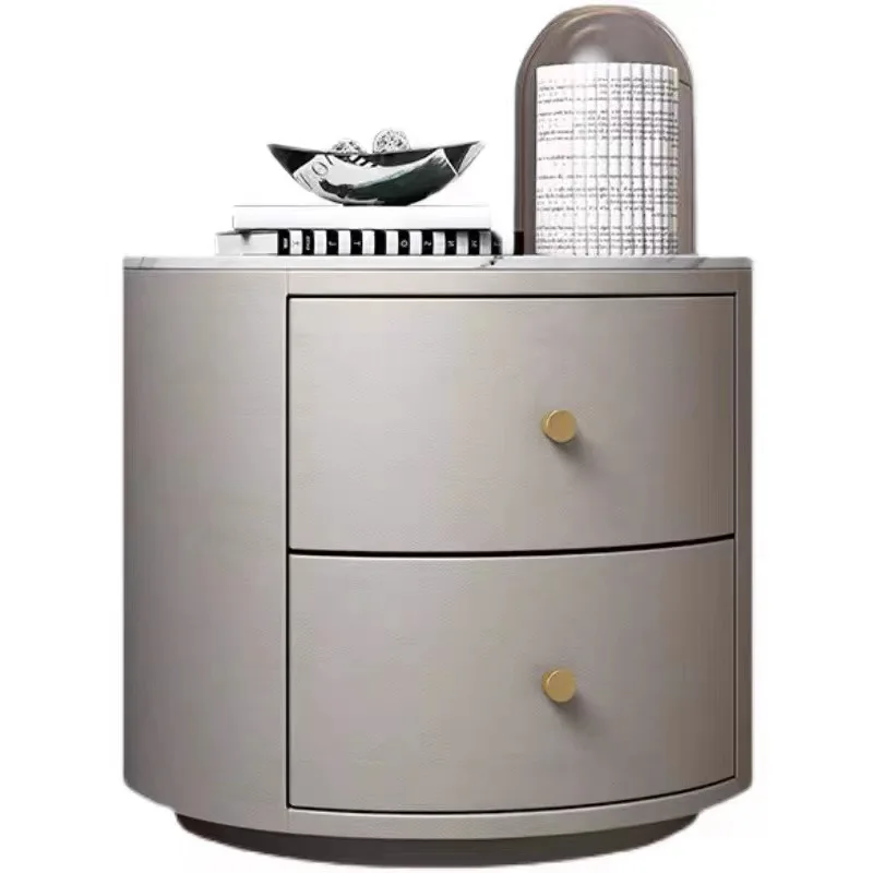 

Round slate bedside table, simple high-end leather solid wood bedside table, bedroom small mini storage cabinet