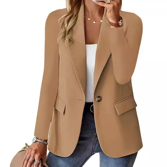 New Women\'s Coat Long Sleeve Solid Color Simple Button Pocket White Office Commuter Blazers for Women